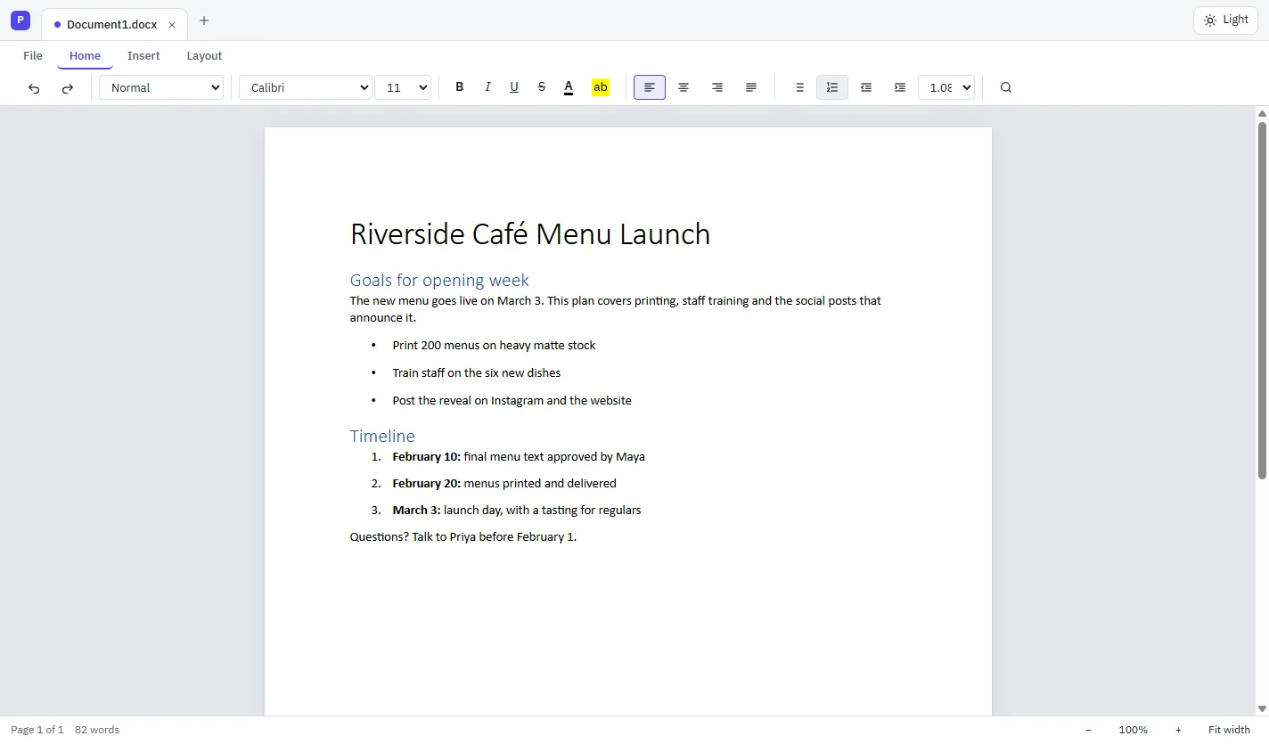 The Documents app editing a Word document